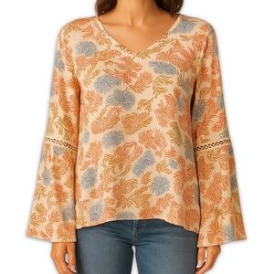 Bobeau Blouse Boho Floral Kimono Sleeve Pullover Top Beige Flowy Medium